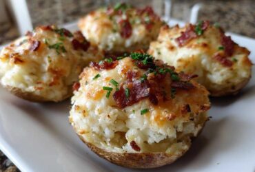 Four servings of delicious twice baked potatoes, loaded with cheese, bacon bits, and chives, served on a white plate.