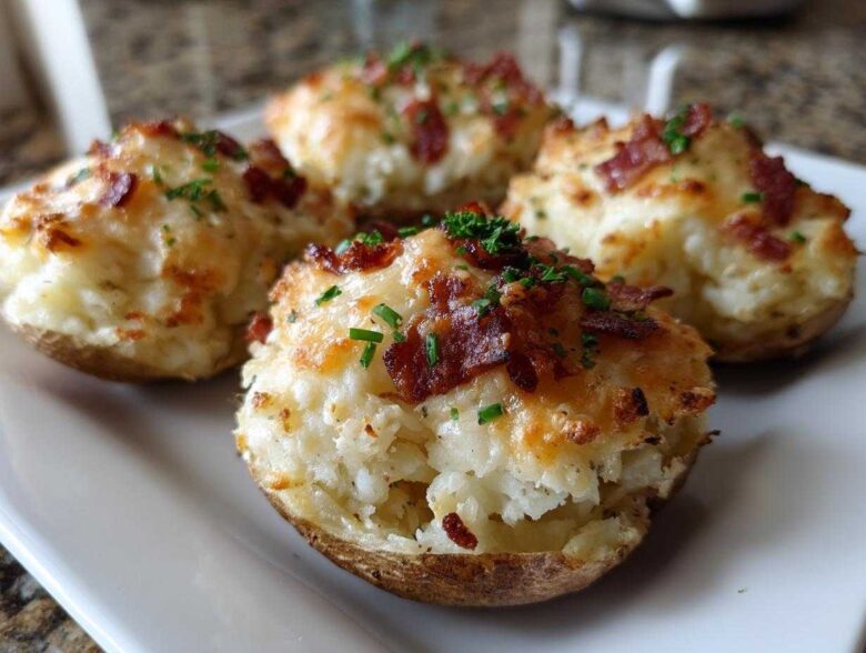 Four servings of delicious twice baked potatoes, loaded with cheese, bacon bits, and chives, served on a white plate.