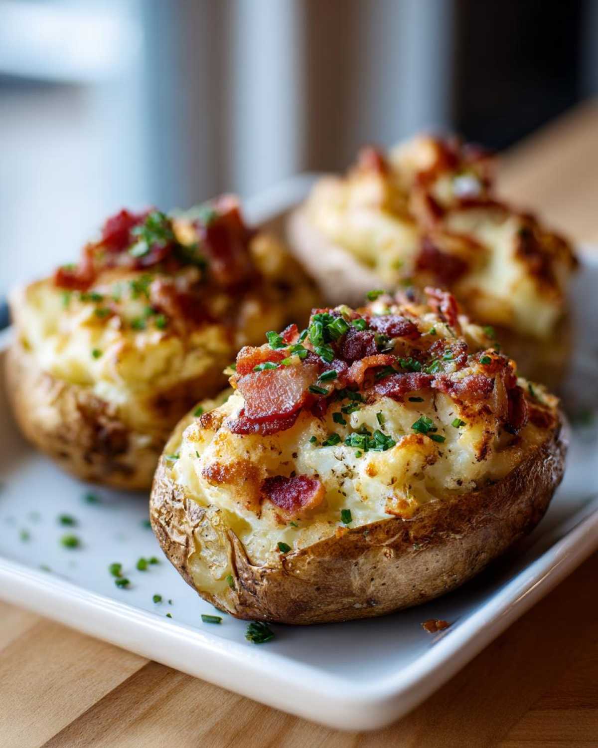 Close-up of delicious twice baked potatoes stuffed with creamy filling, topped with bacon bits and fresh chives.