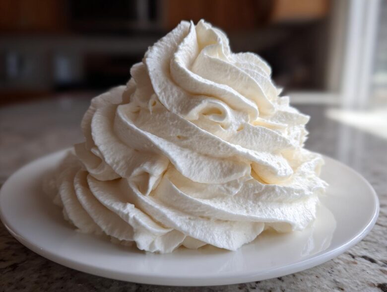 A tall, perfectly piped swirl of white vanilla buttercream frosting sitting on a small white plate.