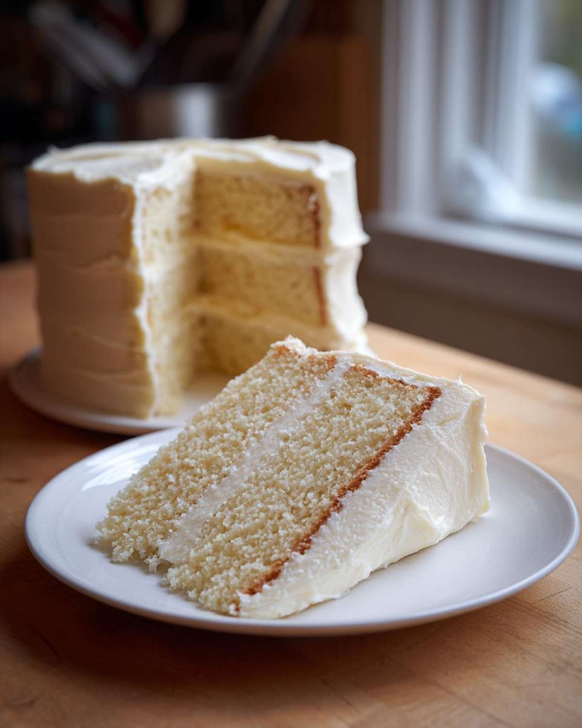 A close-up slice of moist, layered vanilla cake recipe with white buttercream frosting.