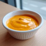 Close-up of a small white bowl filled with thick, vibrant orange nacho cheese sauce speckled with red spice.