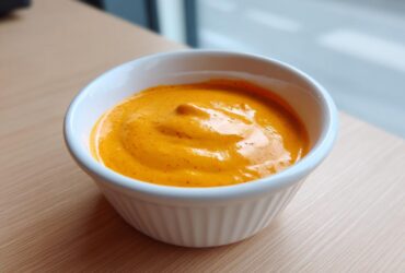 Close-up of a small white bowl filled with thick, vibrant orange nacho cheese sauce speckled with red spice.
