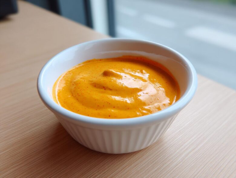Close-up of a small white bowl filled with thick, vibrant orange nacho cheese sauce speckled with red spice.