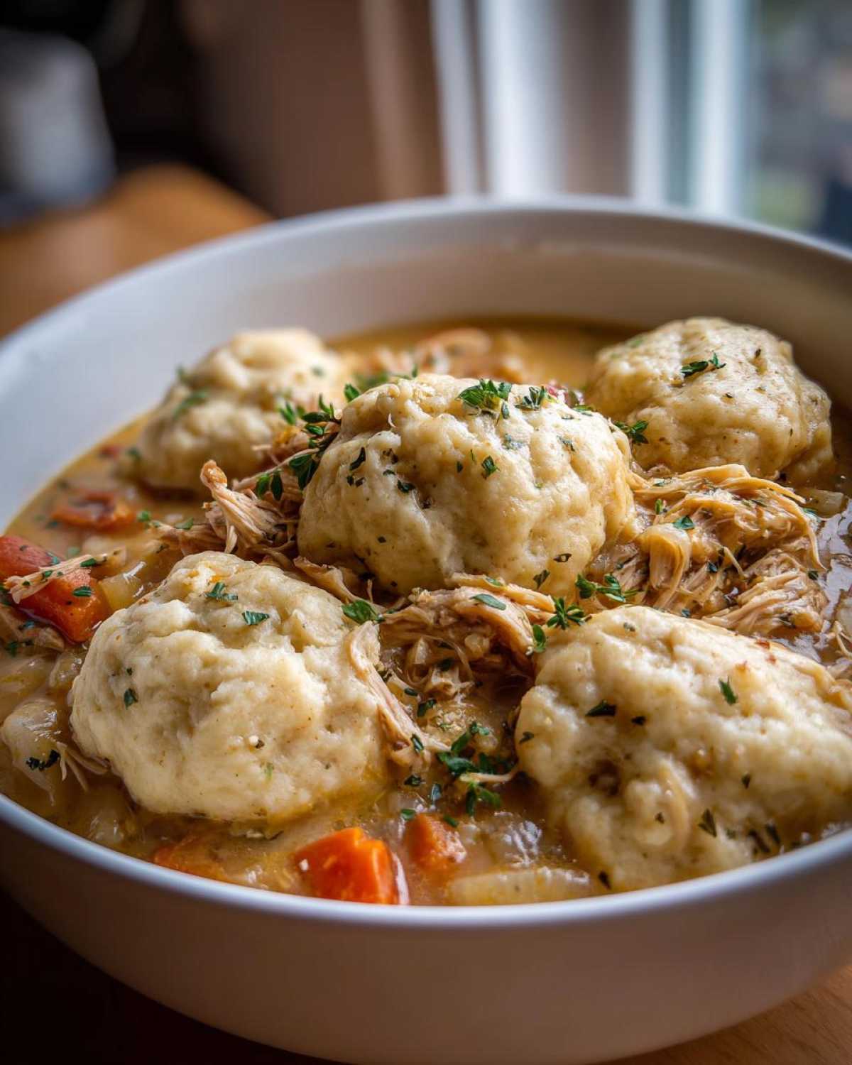 Close-up of a white bowl filled with rich chicken and dumpling stew, featuring fluffy dumplings and shredded chicken.