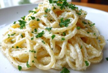 A close-up of creamy spaghetti coated in a rich sauce, garnished with fresh parsley and black pepper, featuring garlic parmesan flavor.