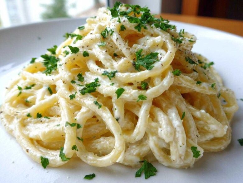 A close-up of creamy spaghetti coated in a rich sauce, garnished with fresh parsley and black pepper, featuring garlic parmesan flavor.