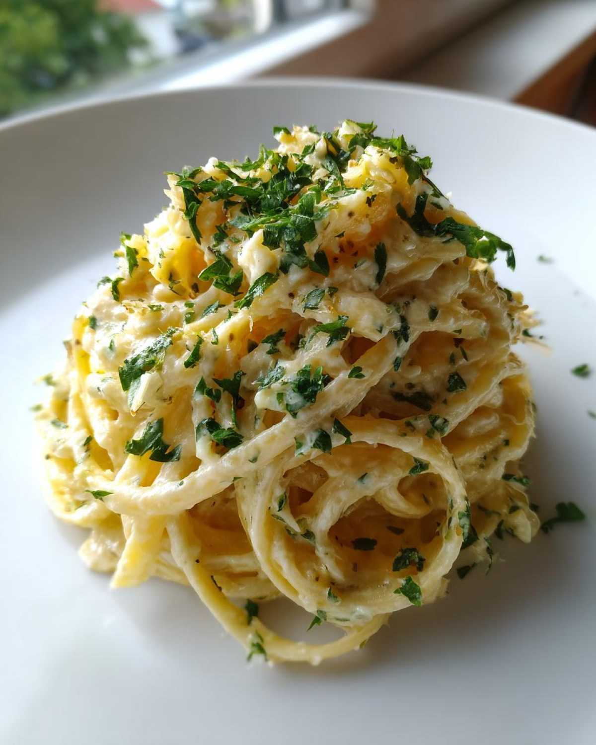 Close-up of a perfectly twirled mound of creamy garlic parmesan pasta topped with fresh parsley.