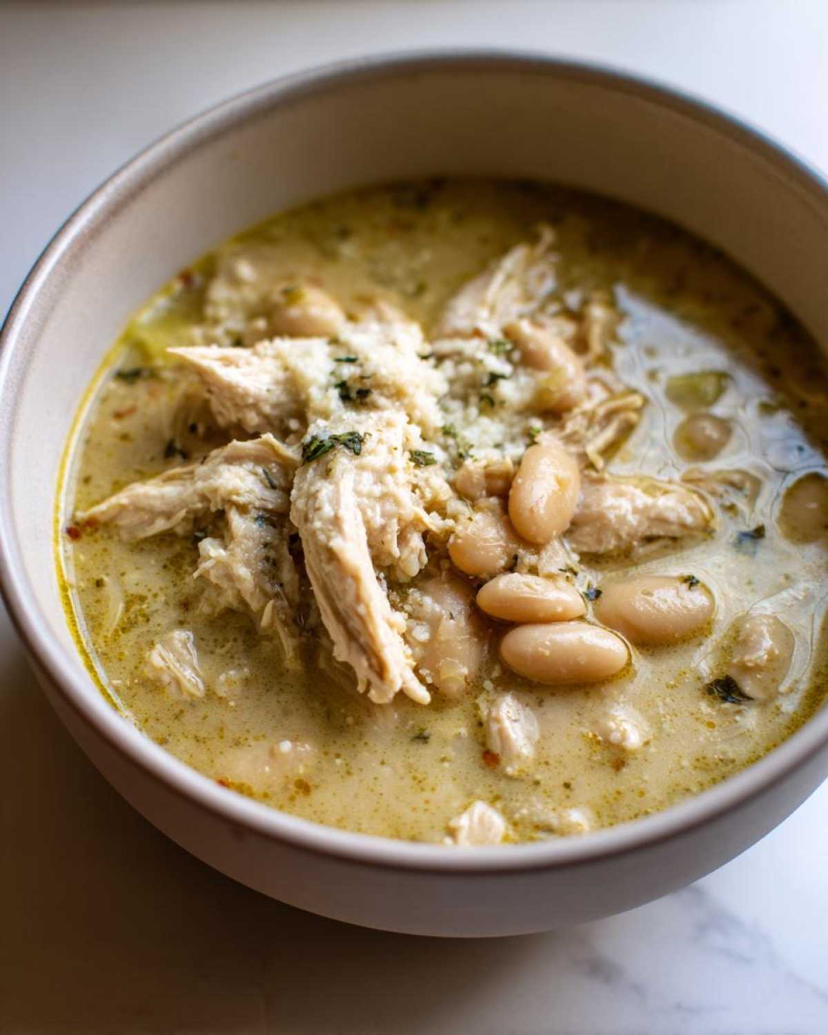 Close-up of a bowl of creamy white chicken chili with shredded chicken, white beans, and cheese topping.