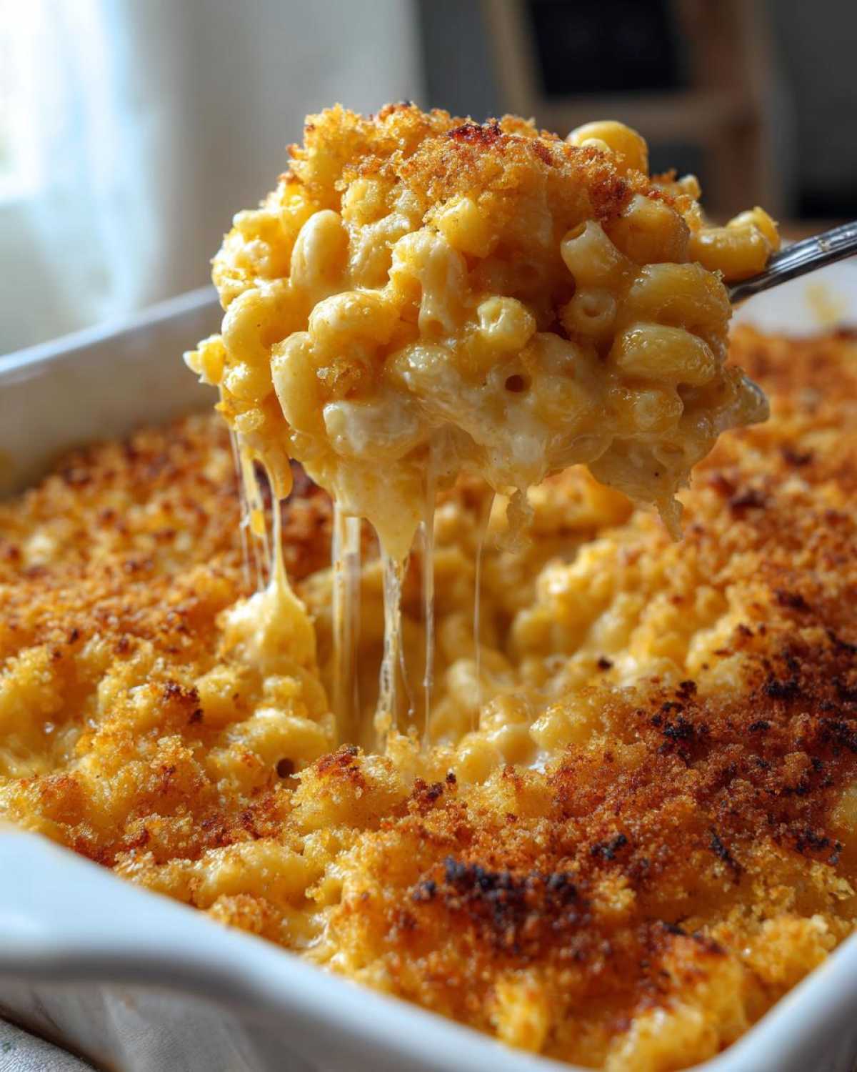 A spoonful of creamy baked mac and cheese showing a dramatic cheese pull over the casserole dish.