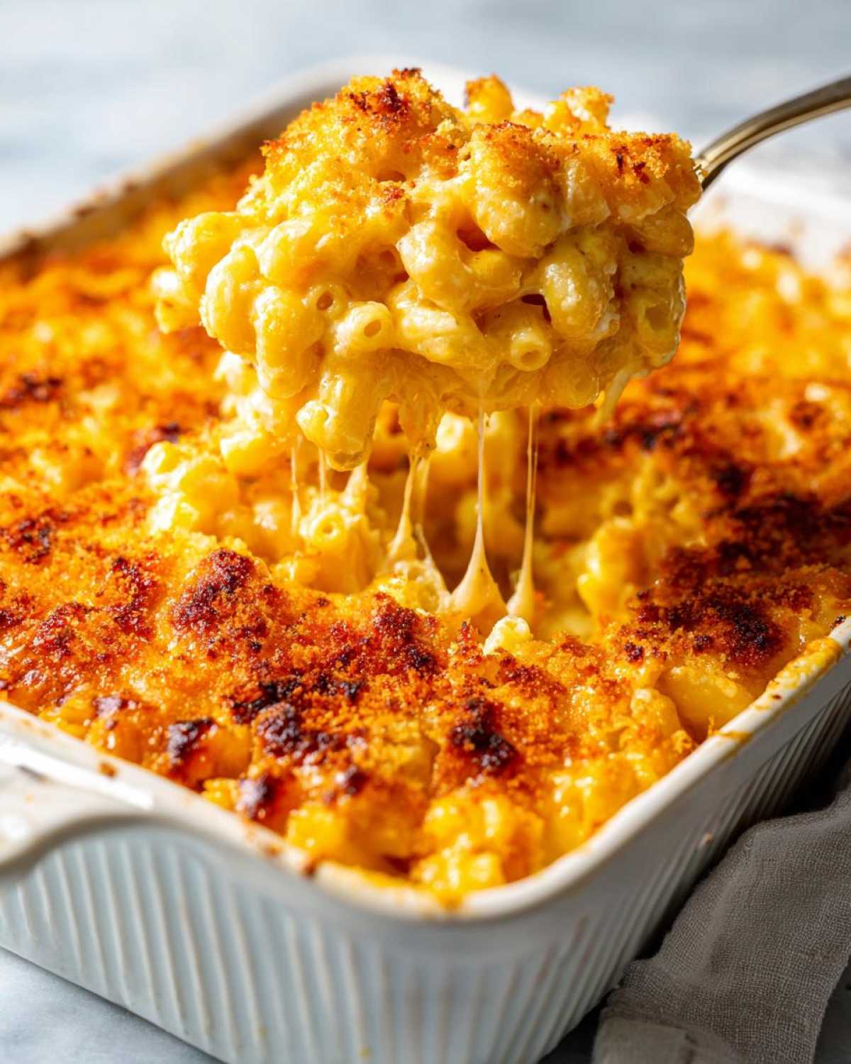 A spoonful of creamy, cheesy baked mac and cheese being lifted, showing long cheese pulls over the bubbly casserole.