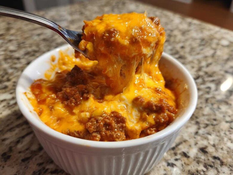 A spoonful of hot chili cheese dip being lifted from a white bowl, showing melted, stringy cheddar cheese.