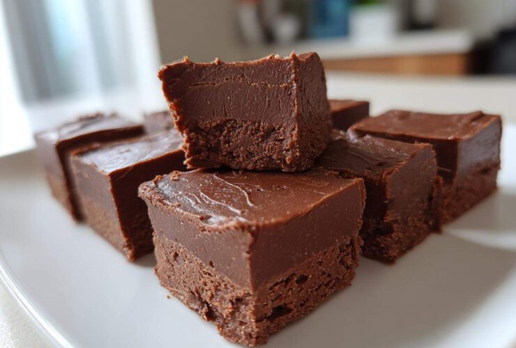 Several squares of rich, dark chocolate fudge stacked on a white plate, showing the smooth texture of the fudge.