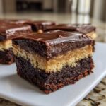 A single, thick square of buckeye brownies showing the fudgy chocolate base, peanut butter layer, and chocolate topping.