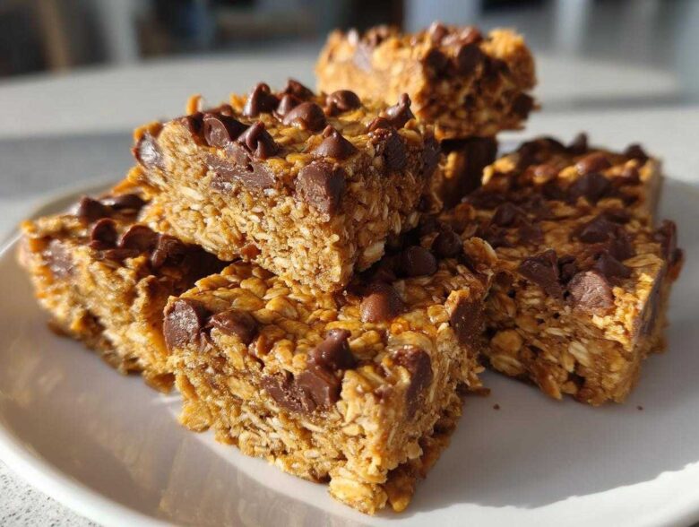A stack of homemade, chewy protein bars loaded with oats and topped with melted chocolate chips.
