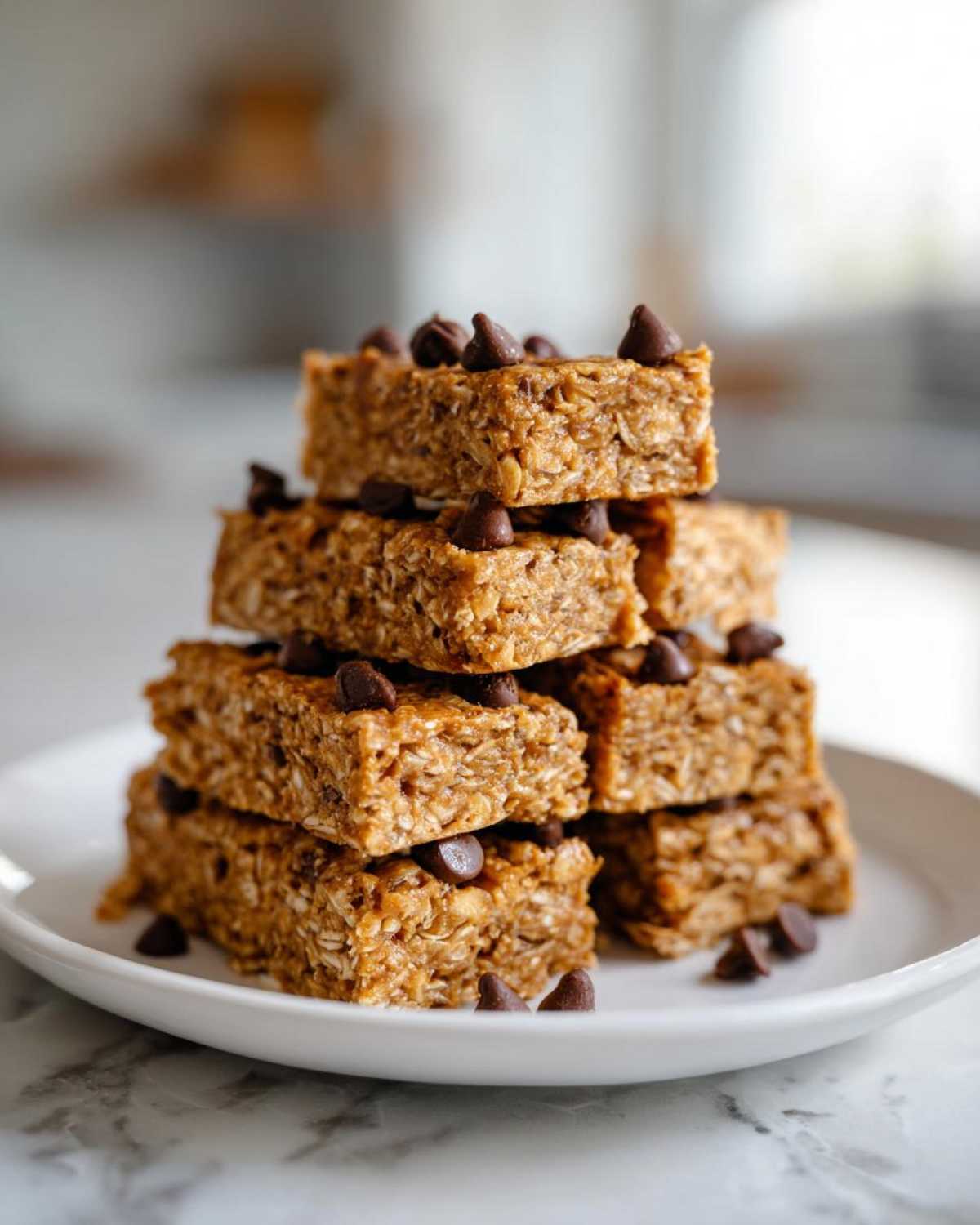 A stack of homemade, no-bake protein bars made with oats and topped with mini chocolate chips, served on a white plate.