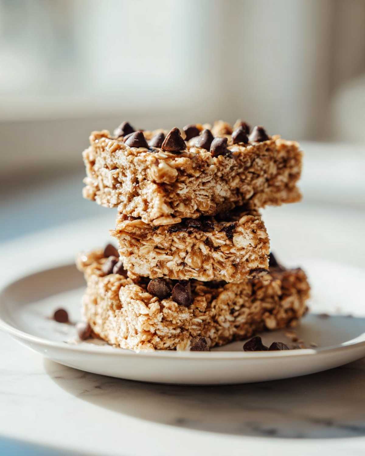 A stack of three homemade protein bars made with oats and topped with chocolate chips, sitting on a white plate.