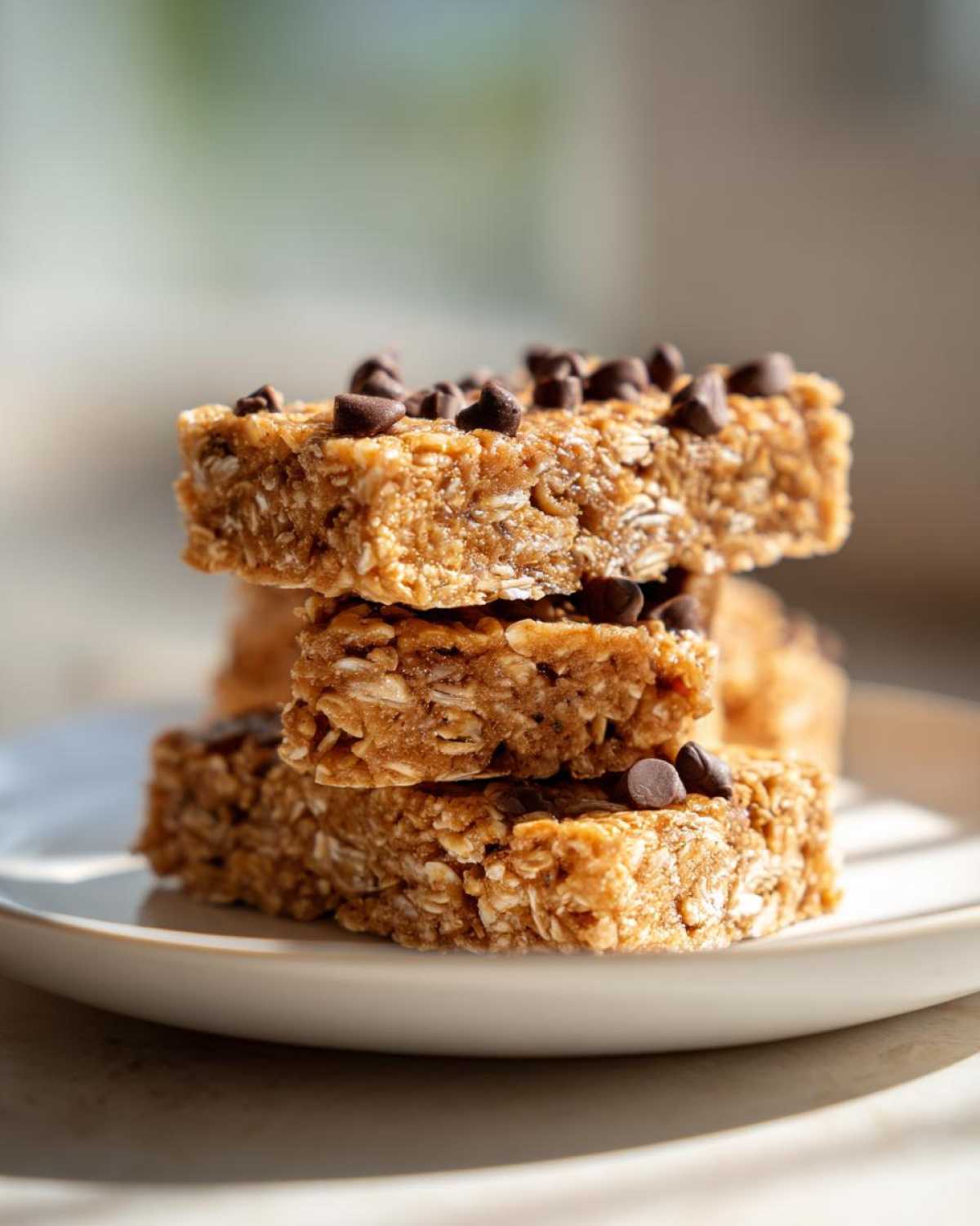 A stack of three homemade 5-ingredient protein bars made with oats and topped with mini chocolate chips.