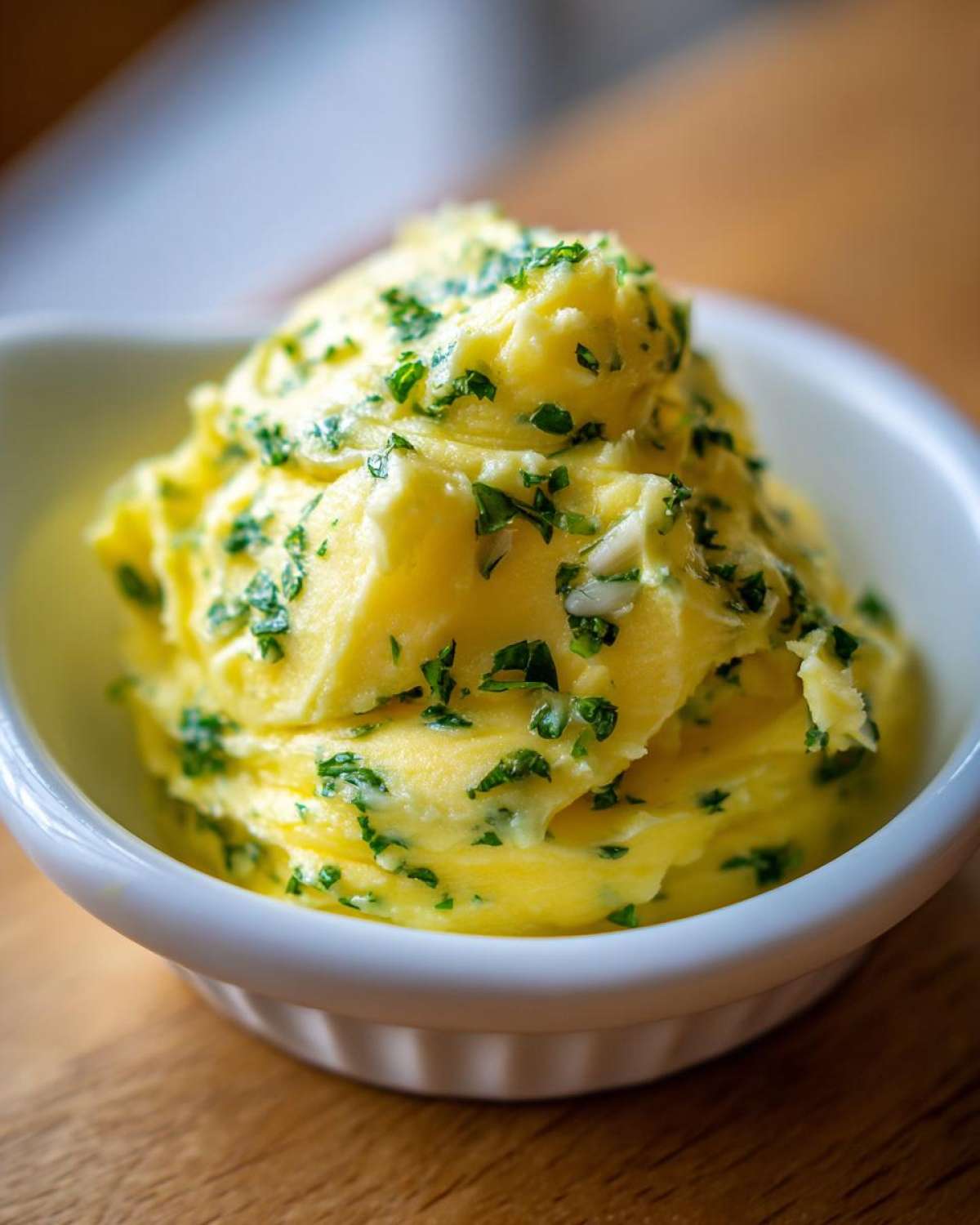 Close-up of fluffy, bright yellow garlic butter mixed with chopped green herbs, served in a small white ramekin.