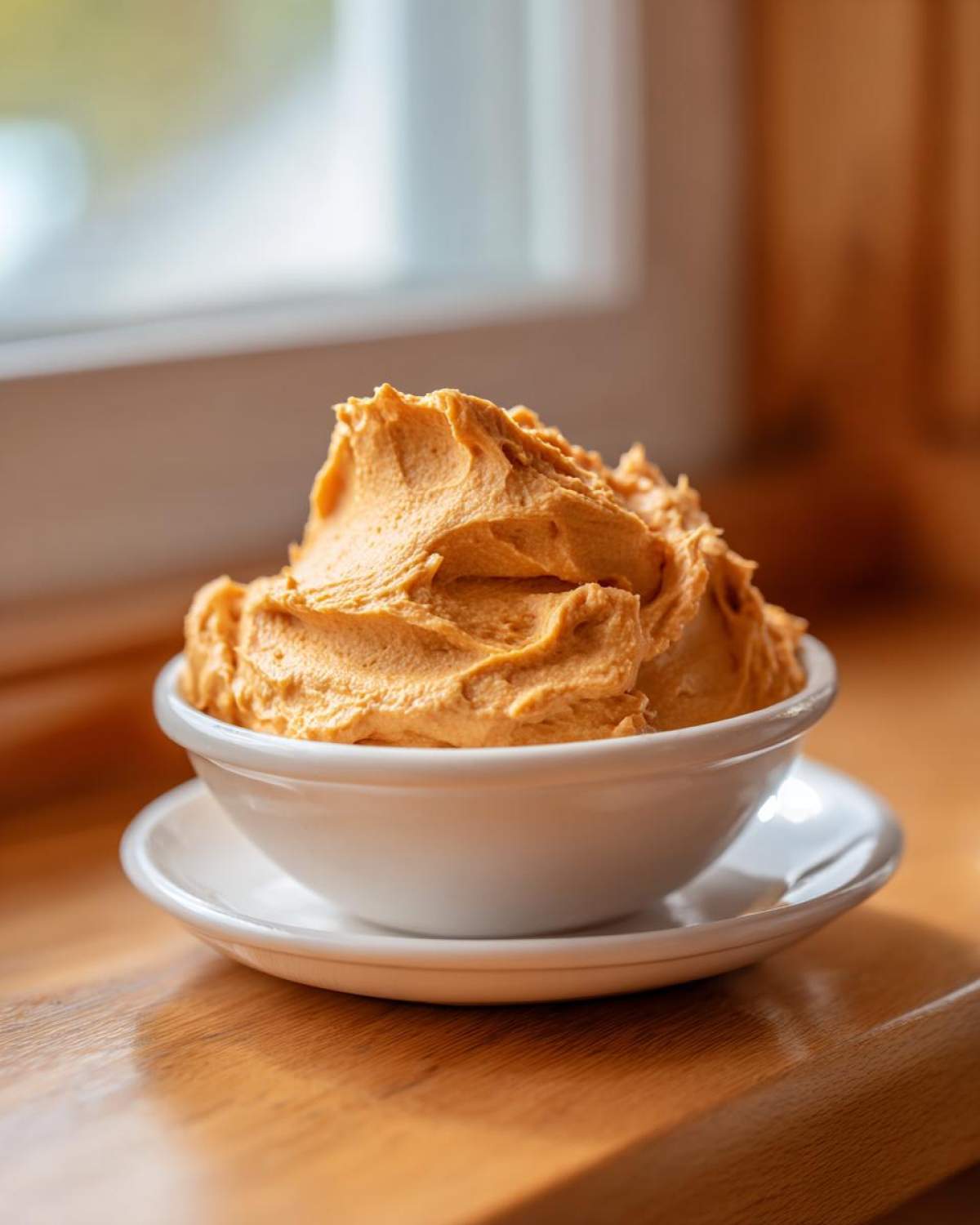 A close-up of fluffy, orange pumpkin fluff dessert served in a small white bowl on a wooden surface.