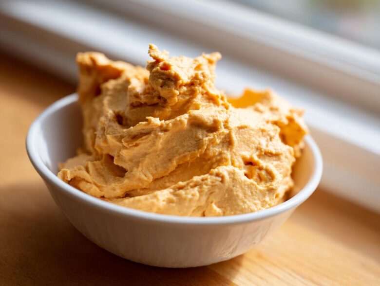 A close-up shot of creamy, orange pumpkin fluff dessert served in a small white bowl.