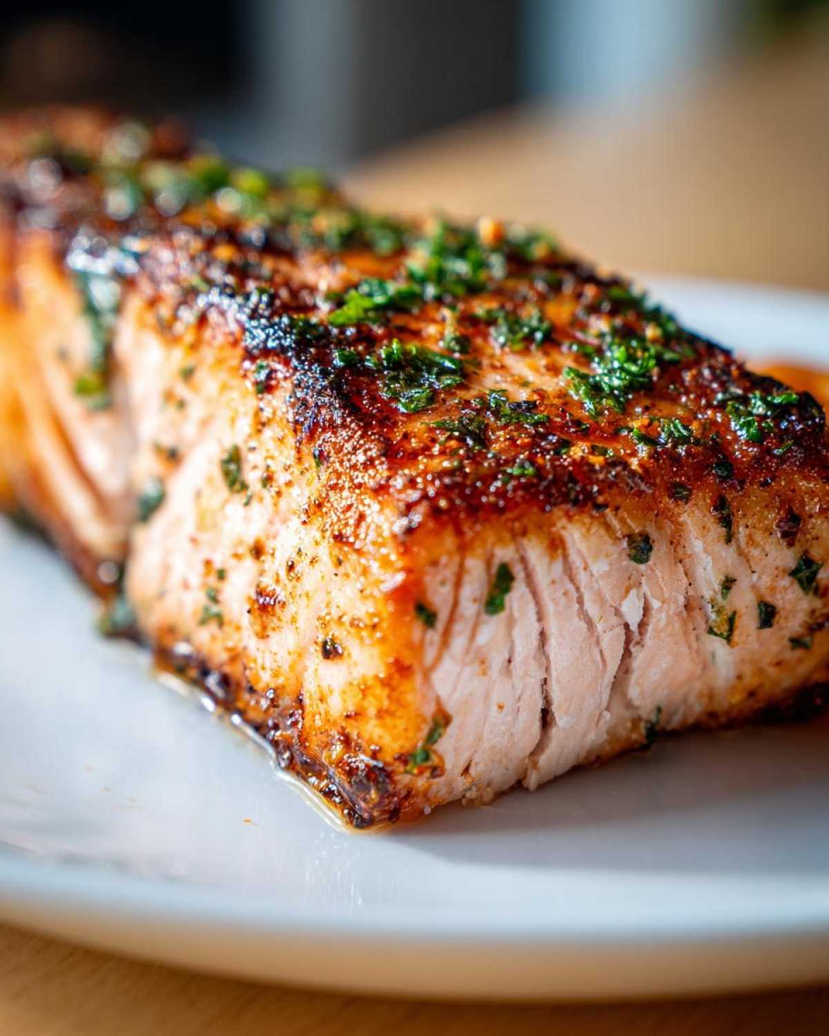 Close-up of a beautifully seasoned and cooked air fryer salmon fillet with a crispy, browned top and fresh parsley garnish.
