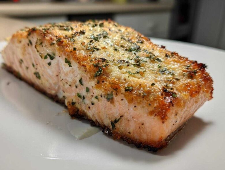 Close-up of a golden-brown, seasoned air fryer salmon fillet resting on a white plate.