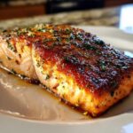 Close-up of a beautifully glazed and seasoned air fryer salmon fillet resting on a white plate.
