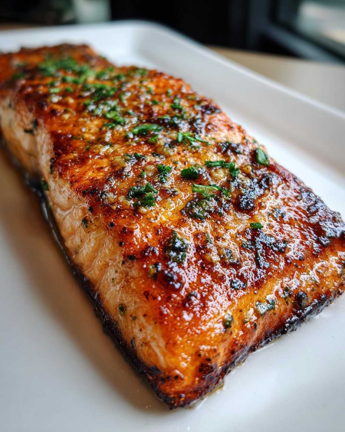 Close-up of a beautifully glazed and seasoned air fryer salmon fillet topped with fresh herbs