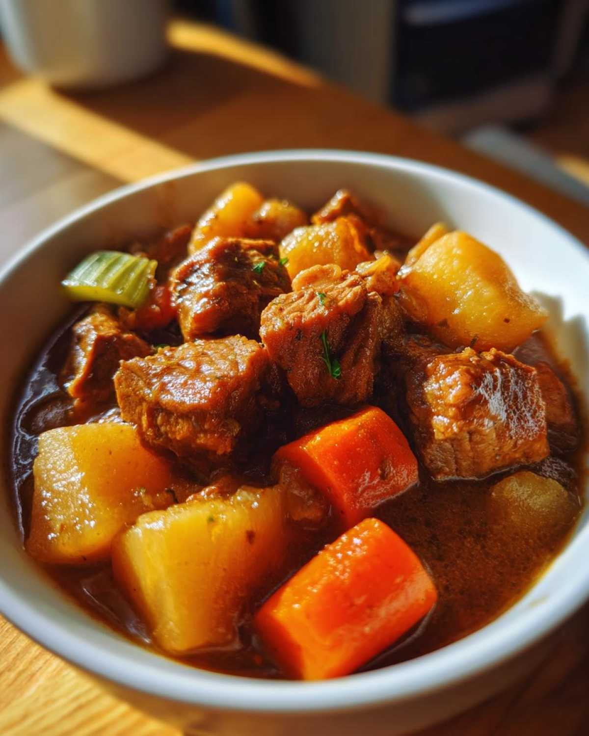 Close-up of a white bowl filled with rich, dark pork stew chunks, potatoes, and bright orange carrots.