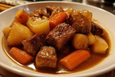 Close-up of a white bowl filled with rich, brown Amazing 1-Pot pork stew chunks, potatoes, and carrots.