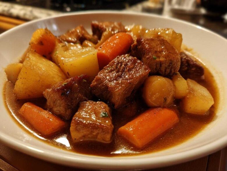 Close-up of a white bowl filled with rich, brown Amazing 1-Pot pork stew chunks, potatoes, and carrots.