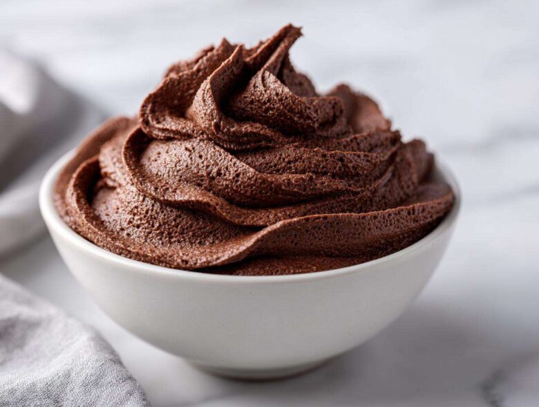 A close-up of rich, dark chocolate frosting swirled high in a small white bowl.