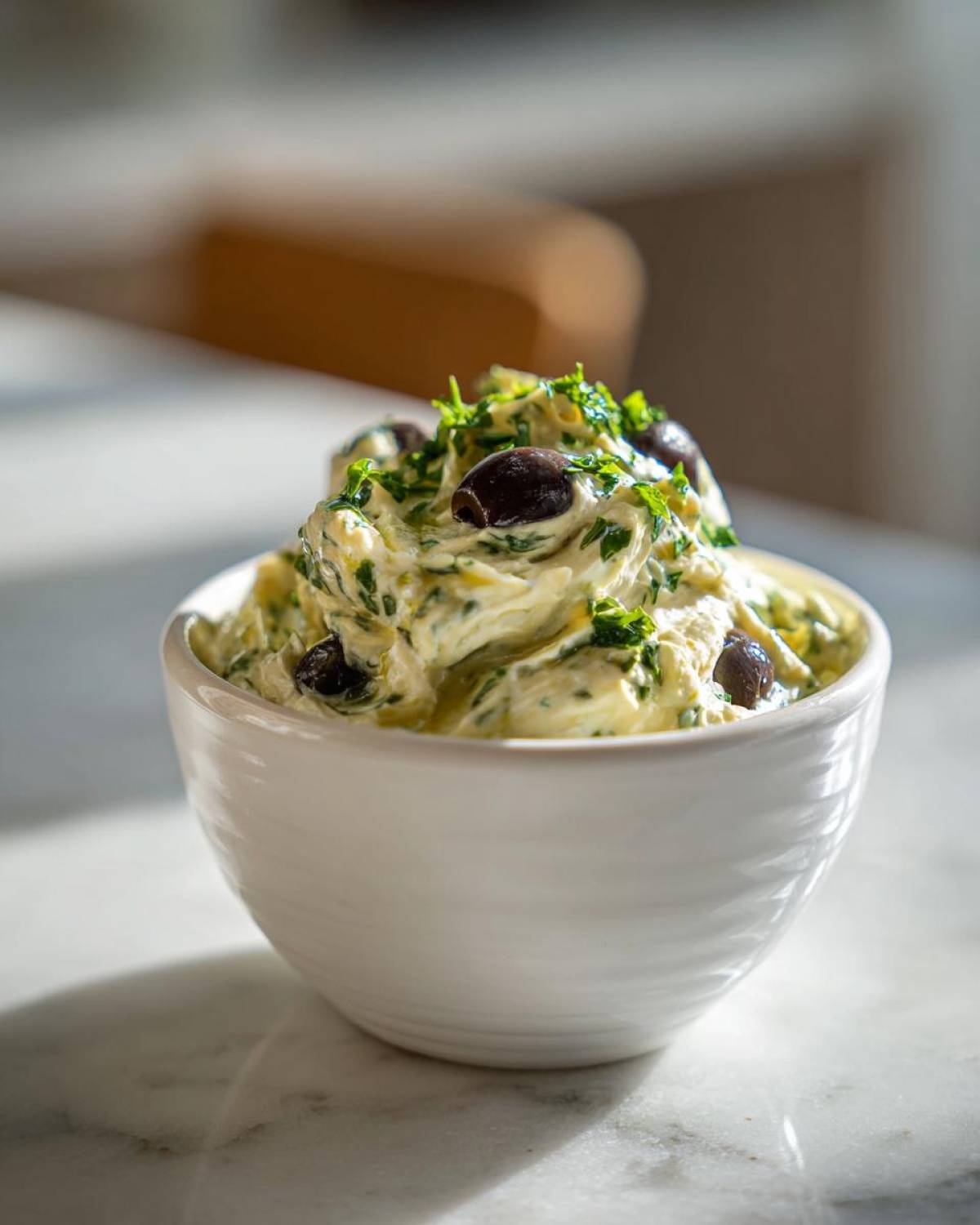 A small white bowl filled with creamy, pale yellow olive dip, garnished with black olives and fresh parsley.
