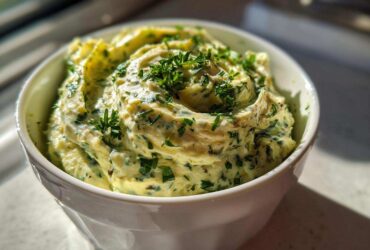 Close-up of a creamy, pale yellow olive dip swirled in a white bowl and topped with fresh chopped parsley.