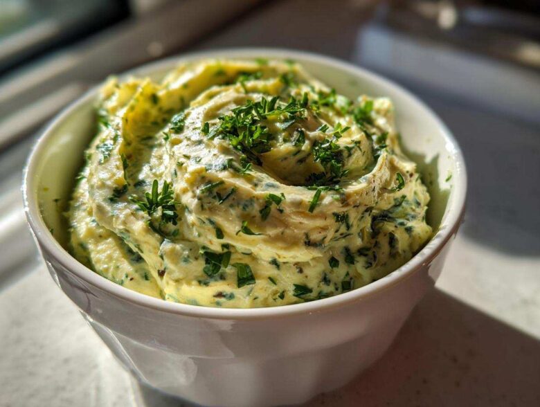 Close-up of a creamy, pale yellow olive dip swirled in a white bowl and topped with fresh chopped parsley.
