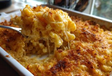 A spoonful of creamy, cheesy baked mac and cheese being lifted from a white casserole dish, showing a crispy topping.