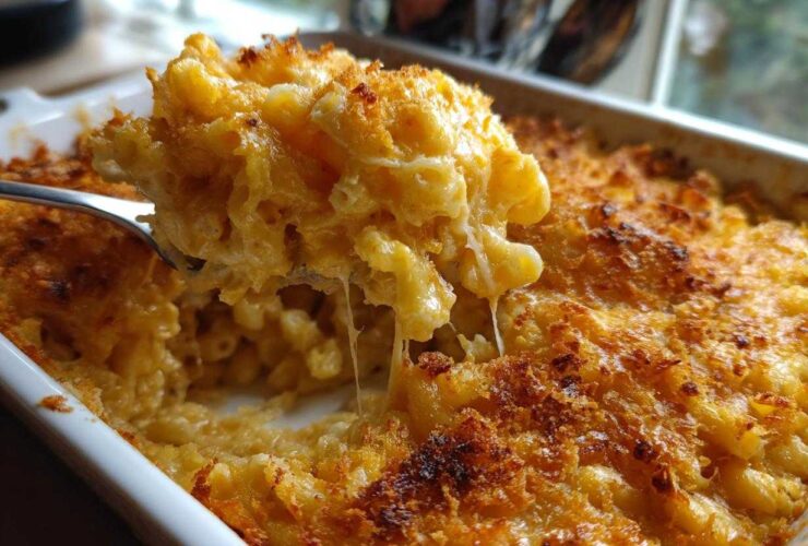 A spoonful of creamy, cheesy baked mac and cheese being lifted from a white casserole dish, showing a crispy topping.