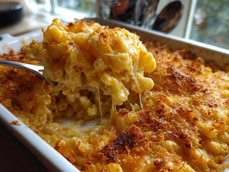 A spoonful of creamy, cheesy baked mac and cheese being lifted from a white casserole dish, showing a crispy topping.