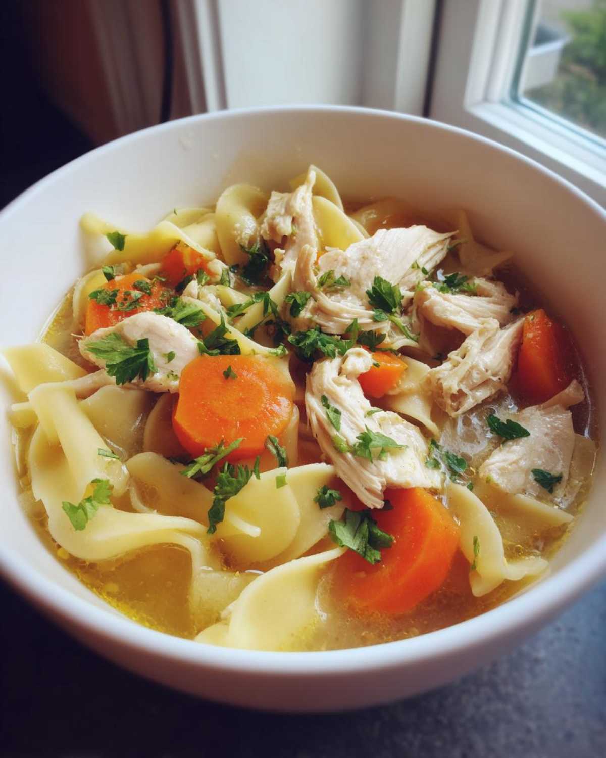 A close-up of a white bowl filled with homemade chicken noodle soup, featuring shredded chicken, carrots, and egg noodles.
