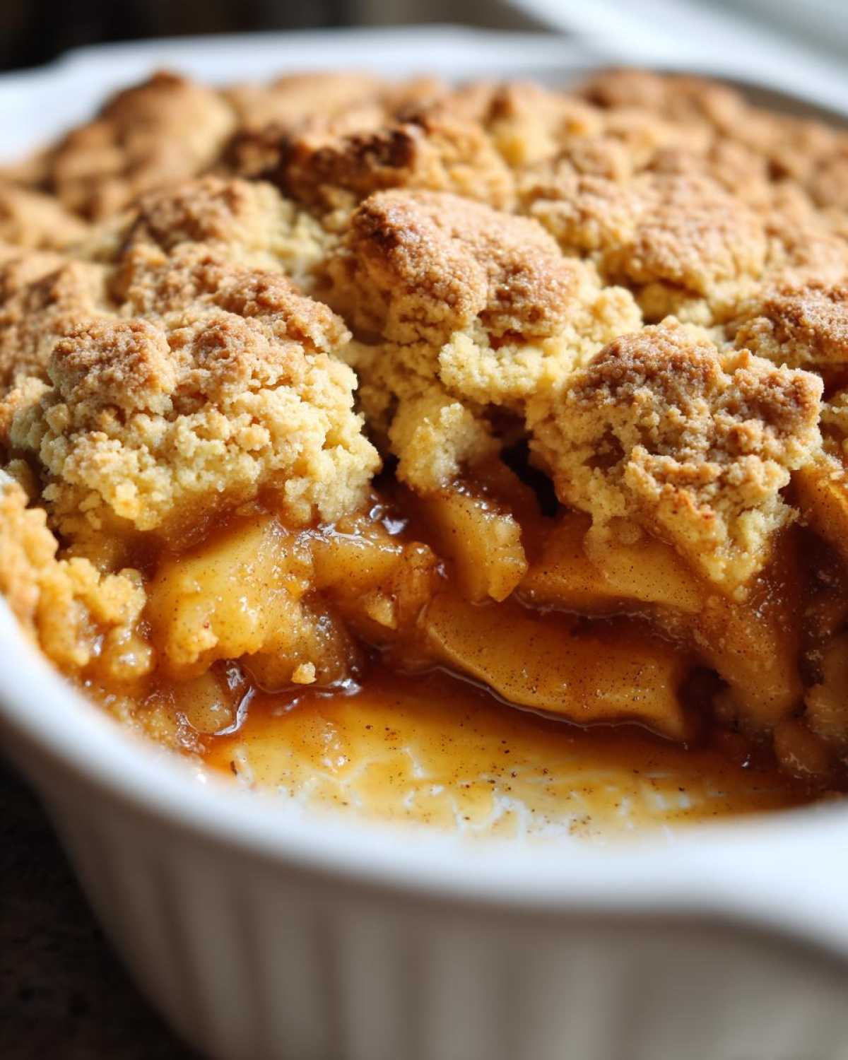 Close-up of a scoop taken out of an apple cobbler recipe, showing caramelized apples and crumbly topping.