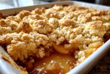 Close-up of a scoop taken out of a baked apple cobbler recipe showing bubbling, syrupy apples beneath a golden, crumbly topping.