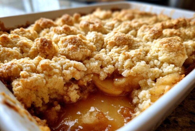 Close-up of a scoop taken out of a baked apple cobbler recipe showing bubbling, syrupy apples beneath a golden, crumbly topping.