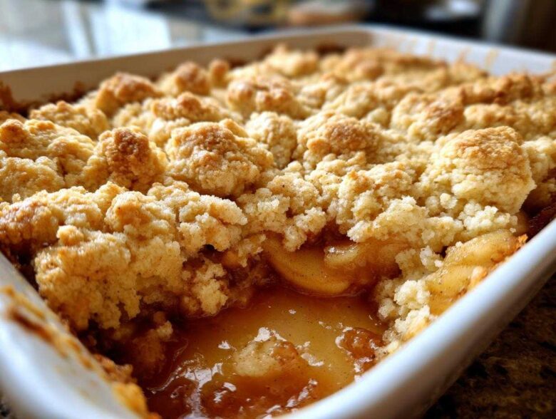 Close-up of a scoop taken out of a baked apple cobbler recipe showing bubbling, syrupy apples beneath a golden, crumbly topping.