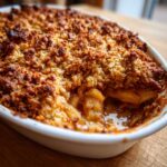 Close-up of a bubbling, baked apple crisp recipe with a golden, crunchy oat topping.