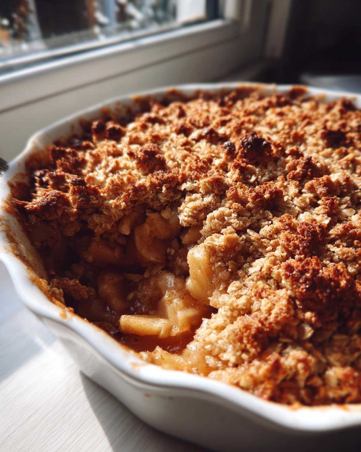 Close-up of a freshly baked apple crumble with a crunchy oat topping, showing soft cooked apples underneath.
