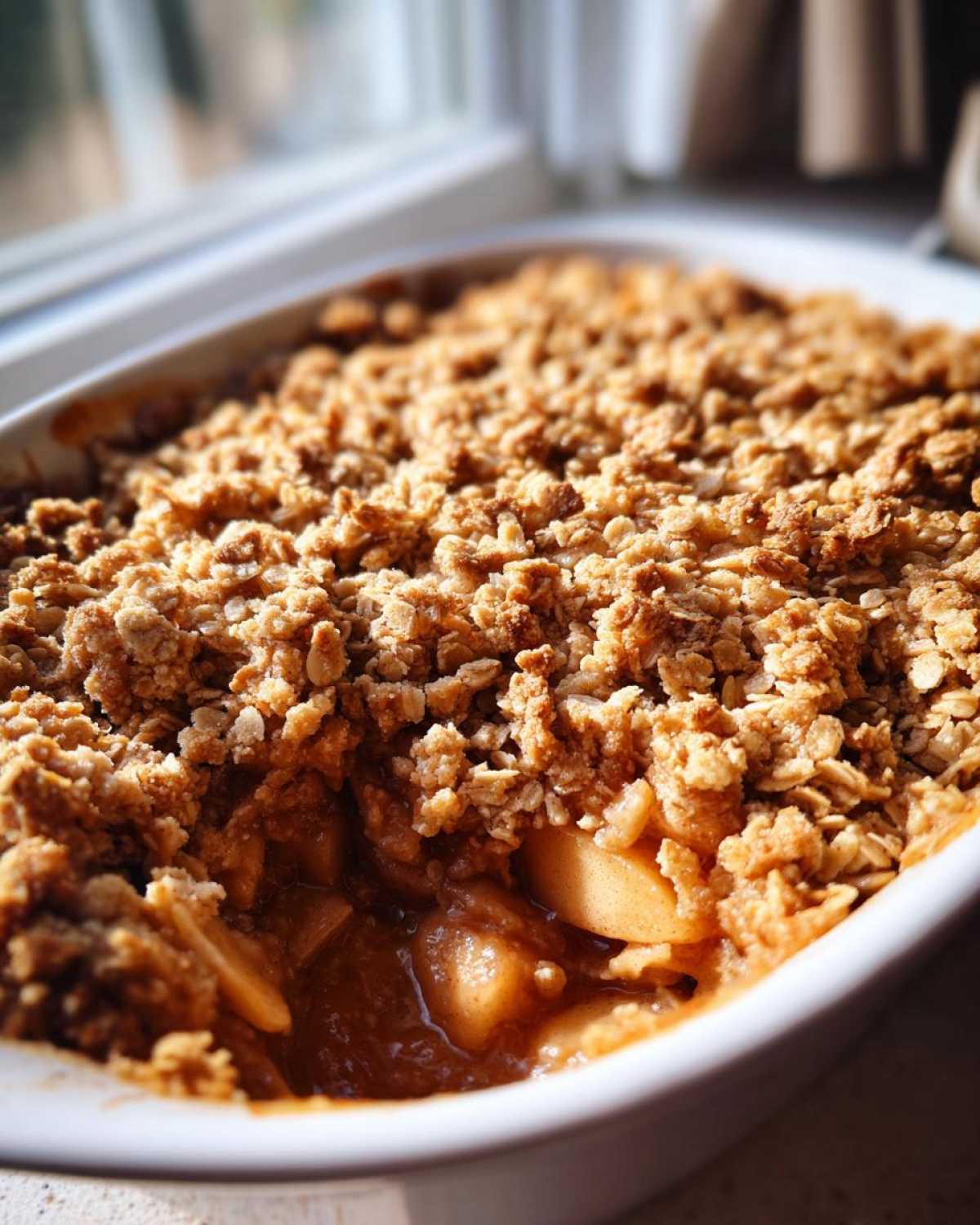 Close-up of a freshly baked apple crumble in a white dish, showing the bubbling, saucy apples beneath the crunchy oat topping.