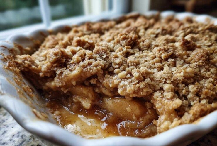 Close-up view of a freshly baked apple crumble showing the gooey, spiced apple filling beneath a thick, crunchy oat topping.