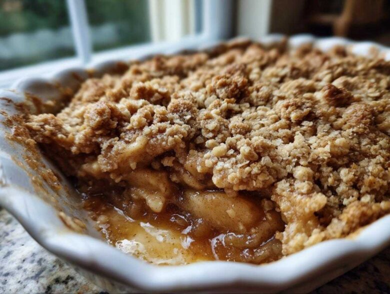Close-up view of a freshly baked apple crumble showing the gooey, spiced apple filling beneath a thick, crunchy oat topping.