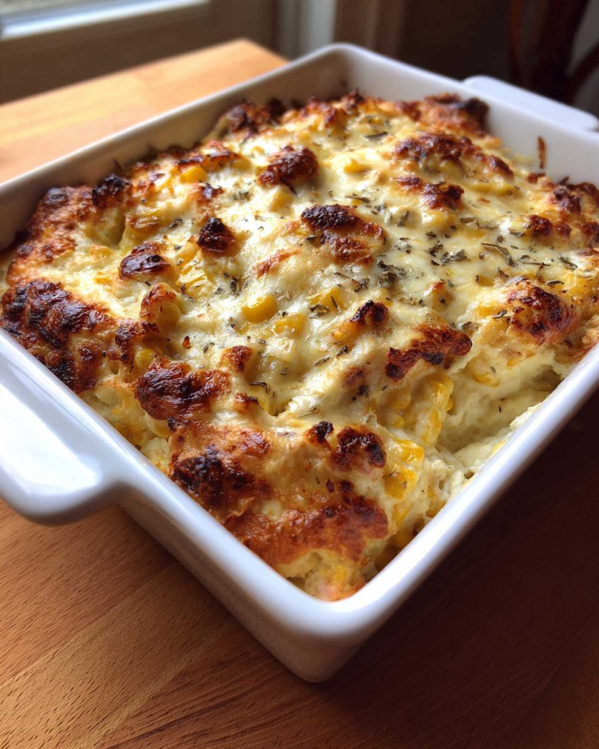 Close-up of amazing baked corn dip in a white casserole dish, featuring bubbly, browned cheese and visible corn kernels.